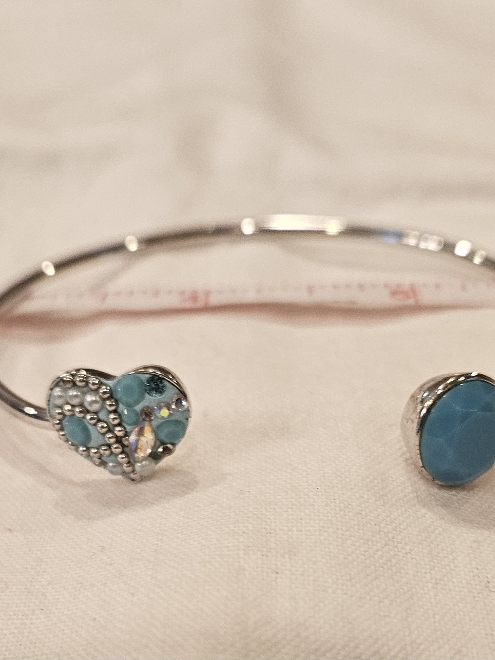 Silvertone Open Cuff Bracelet with Turquoise Blue Heart and Stone Ends